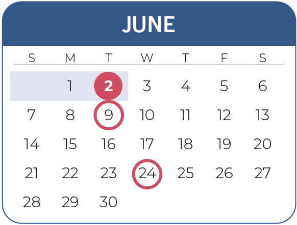 Calendar of the month of June, 2026