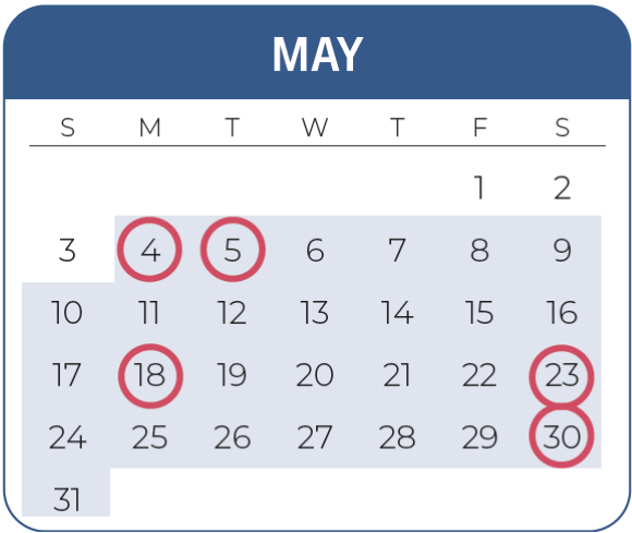 Calendar of the month of May, 2026