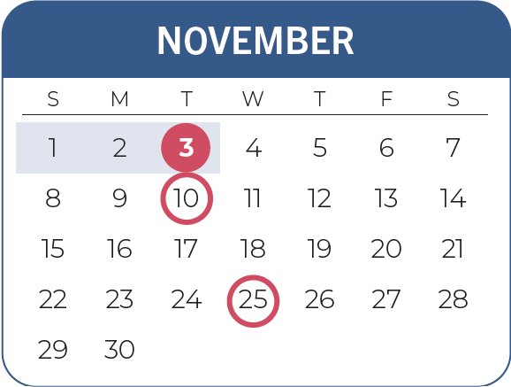 Calendar of the month of November, 2026