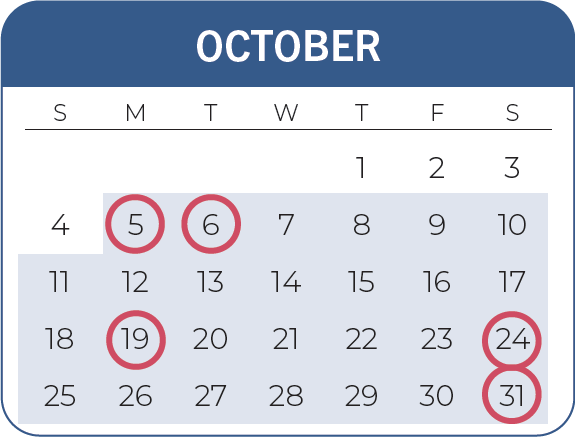 Calendar of the month of October, 2026
