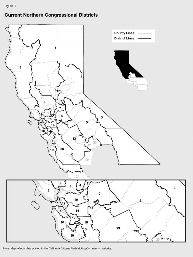Figure 3 is a map of the northern part of California showing current congressional districts. A small inset in the upper right portion of the figure denotes in black the part of the state shown in the map. A legend in the upper right of the figure shows that light gray lines in the map denote county lines and black lines denote current congressional district lines. Black numbers show the congressional district numbers displayed in full on the map. Gray numbers show congressional districts shown in full in Figure 5. At the bottom of the figure is an inset that shows the Bay Area congressional districts in greater detail.
